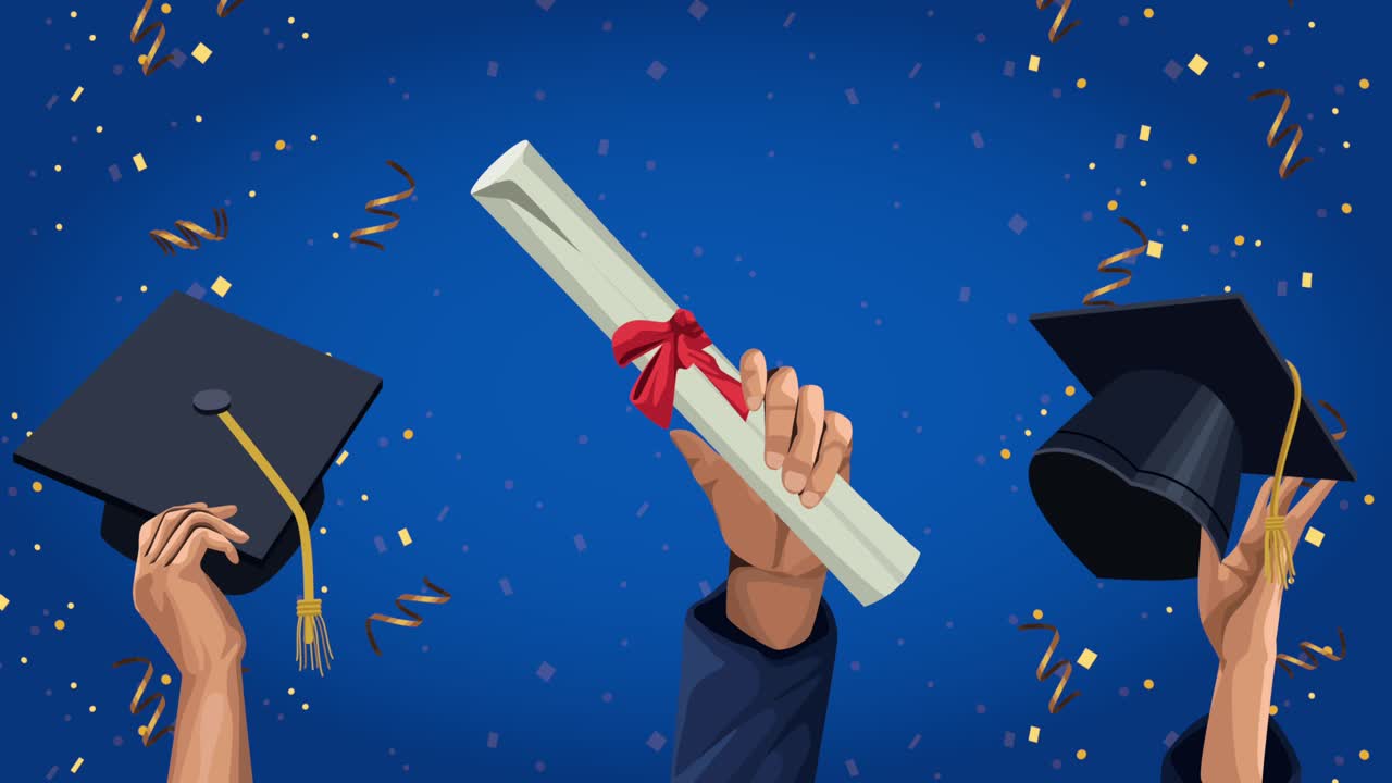 animación de celebración de la graduación con sombreros y diploma