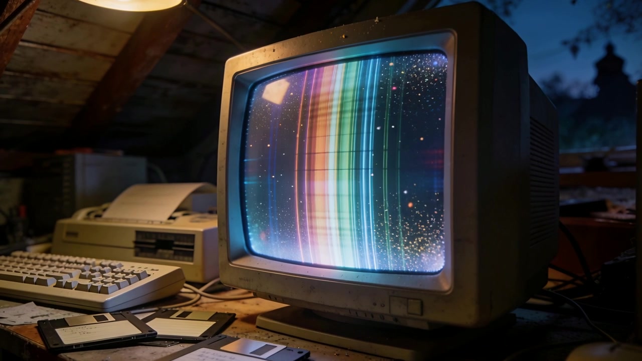 Starting animation, beige CRT monitor animating rainbow bands in attic with floppies for retro vibe