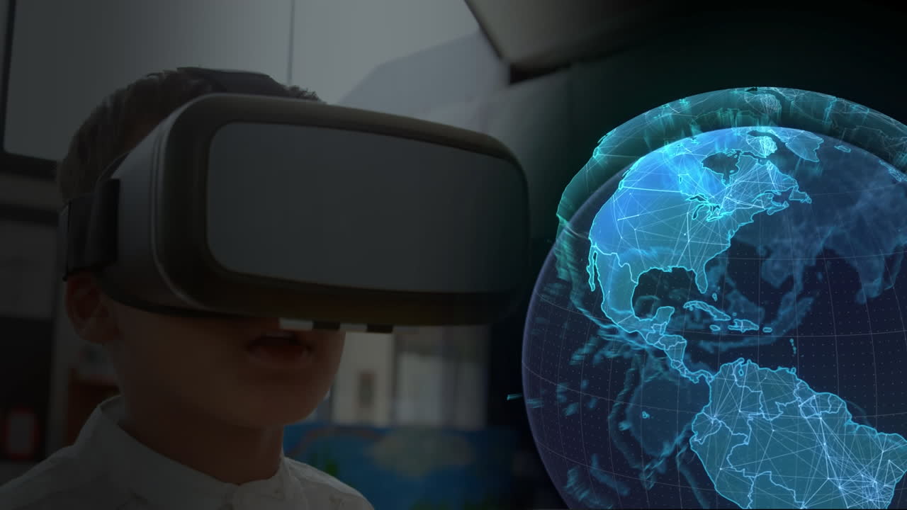 Boy using virtual reality headset and digital globe