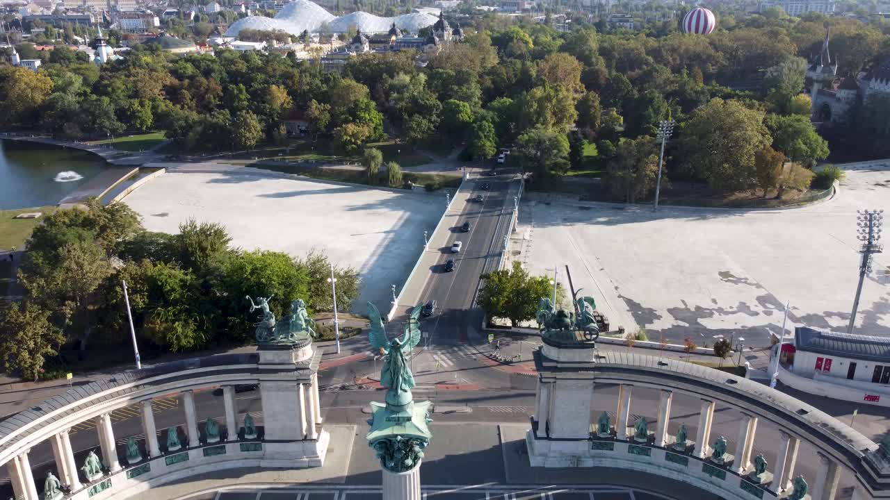 Drone pullback view over Heroes' Square esplanade in Budapest, Hungary