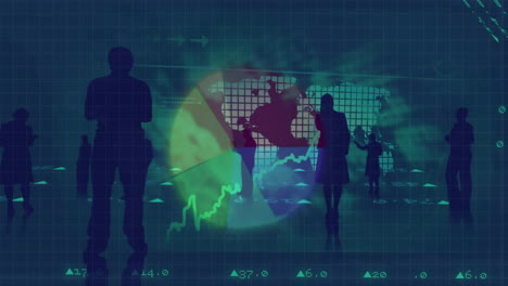 animation of statistics with businesspeople, world map and data processing