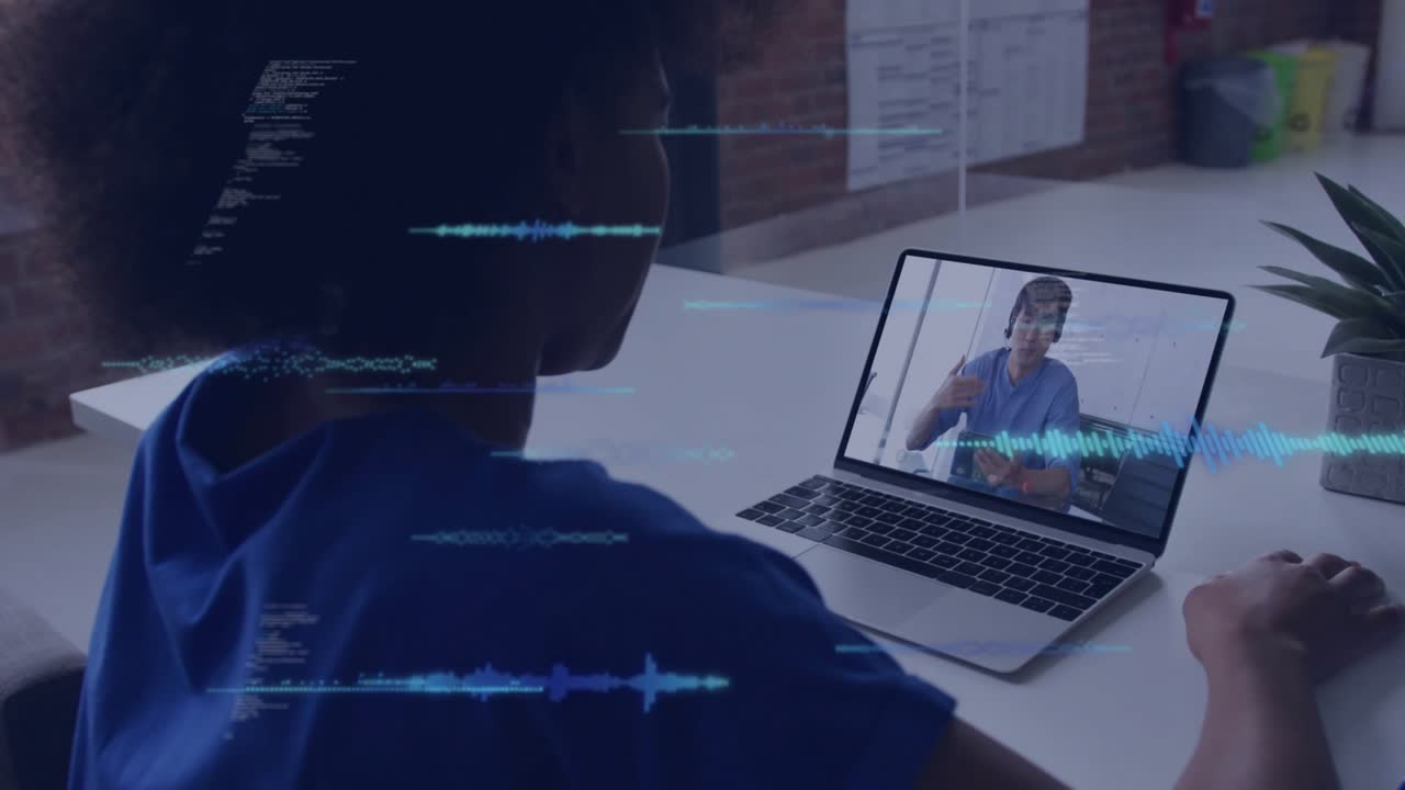 woman opening business call on laptop colleague gesturing while blue waveforms sliding across frame