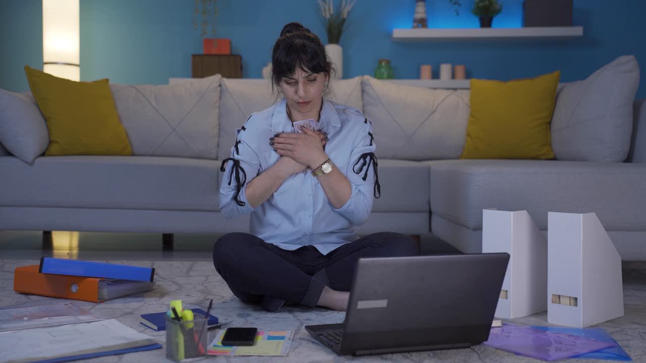 Home office worker woman is stingy and loves money.