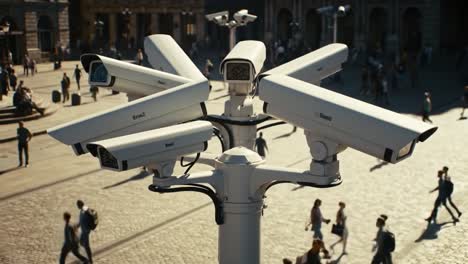 a sophisticated array of surveillance cameras overseeing a bustling public square, monitoring activity with precision and detail for enhanced security measures