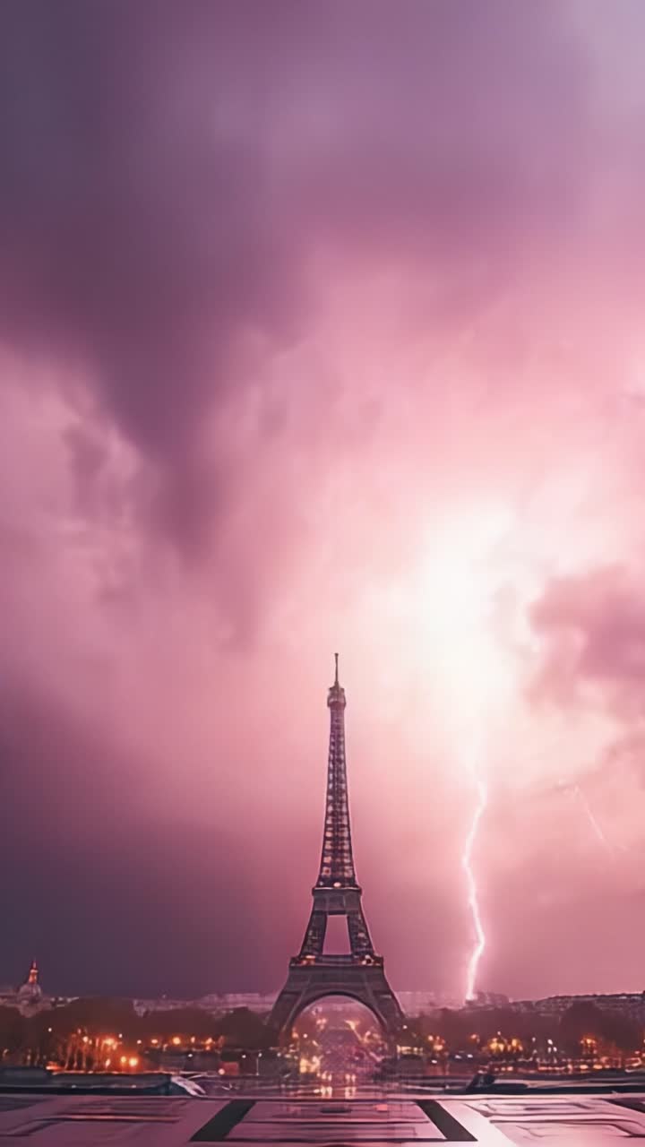 Uno spettacolo indimenticabile della potenza della natura, con l'iconica torre contro un cielo tempestoso e drammatico, pieno di fulmini e colori vivaci.