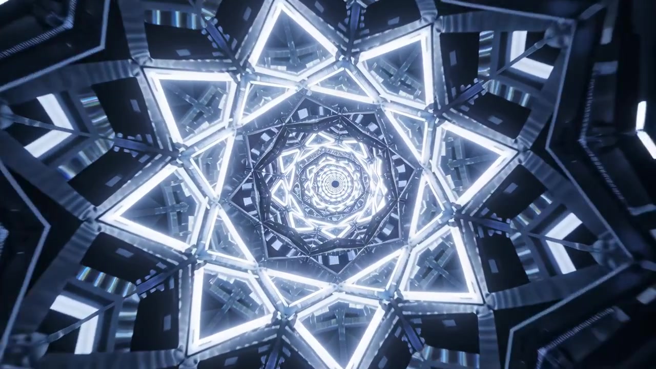 Telecamera volante che si avvicina attraverso un portale esagonale digitale, rivelando un nucleo a mandala e strisce LED al neon.