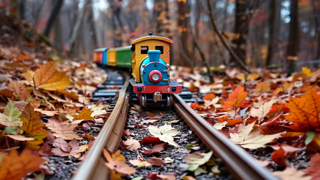 A train with a blue engine is on a track. The train is small and he is a toy