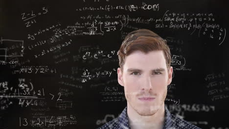 animation of close up of smiling caucasian man standing against mathematical equation