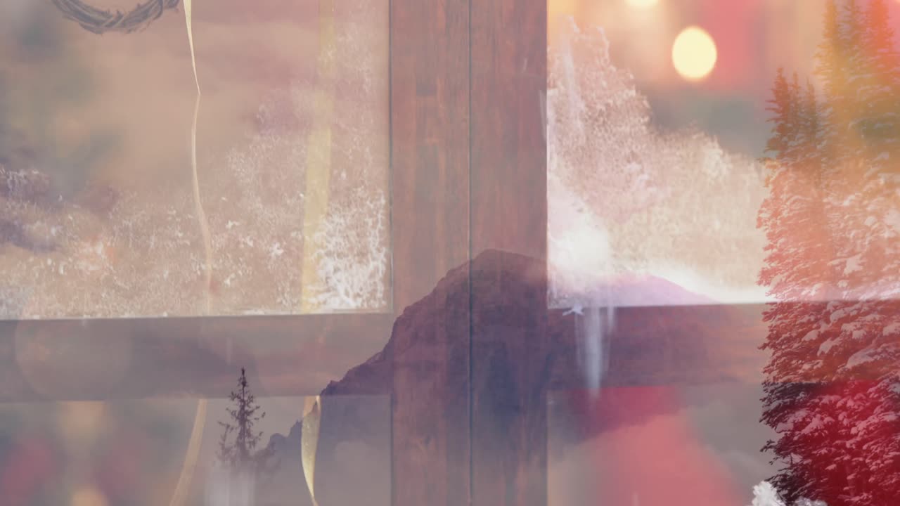 창문 을 통해 볼 수 있는 겨울 풍경 위 에 반 ⁇ 이는 요정 빛 의 애니메이션