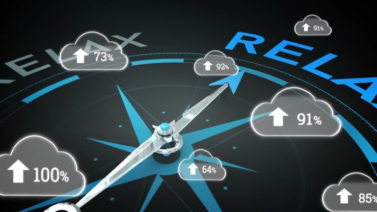 Animation of arrow and changing numbers in clouds over relax text on rotating compass