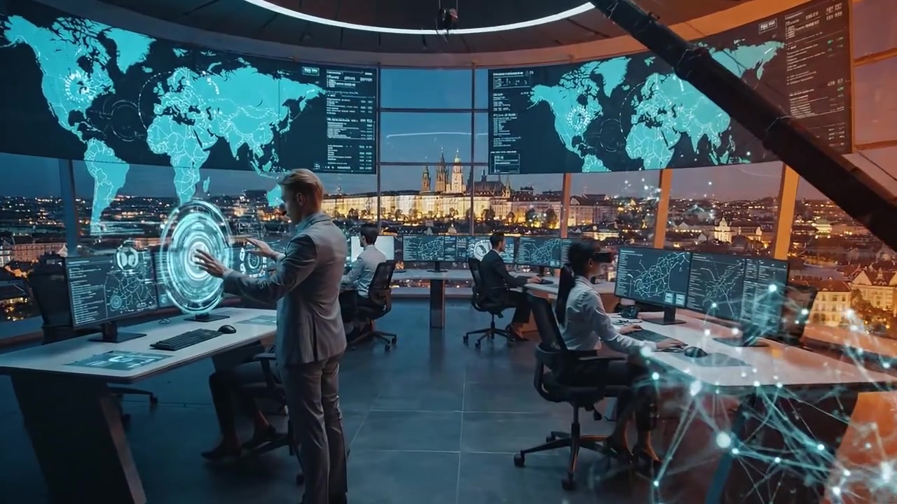 Business Professionals Working in a Futuristic Global Data Control Room