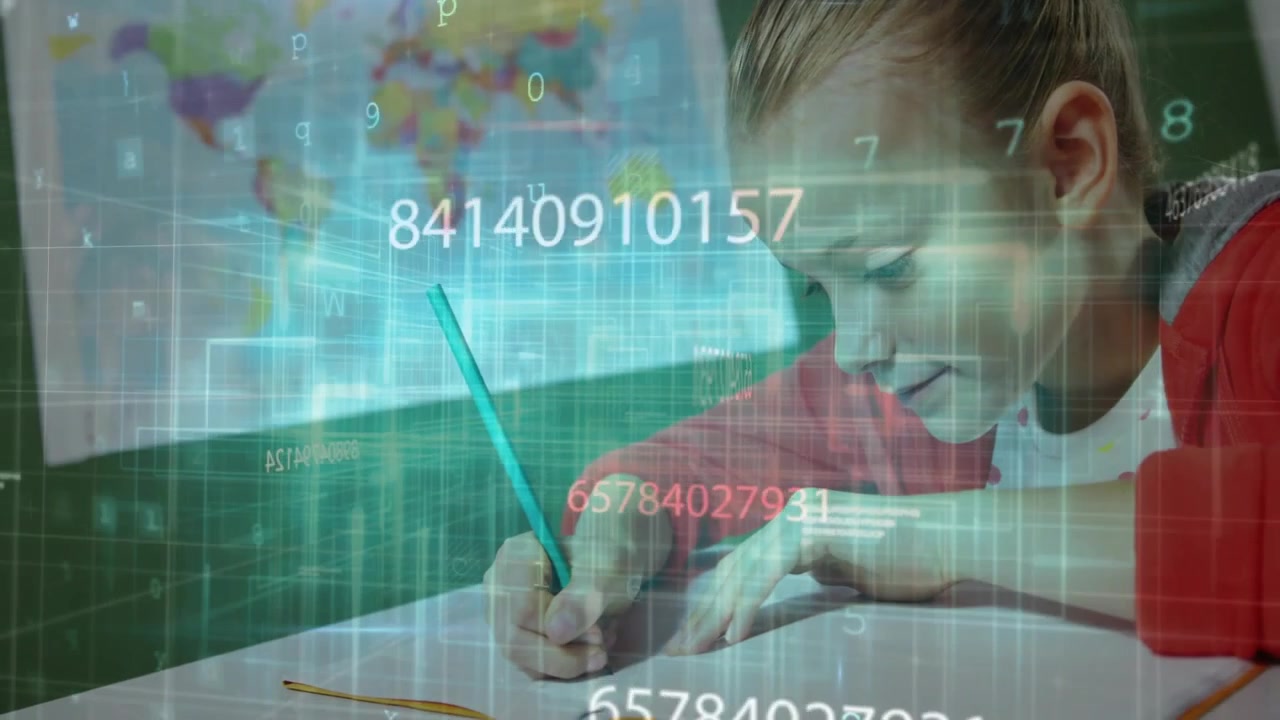 Student placing pencil on pad writing to finish classwork while data overlays drifting over page