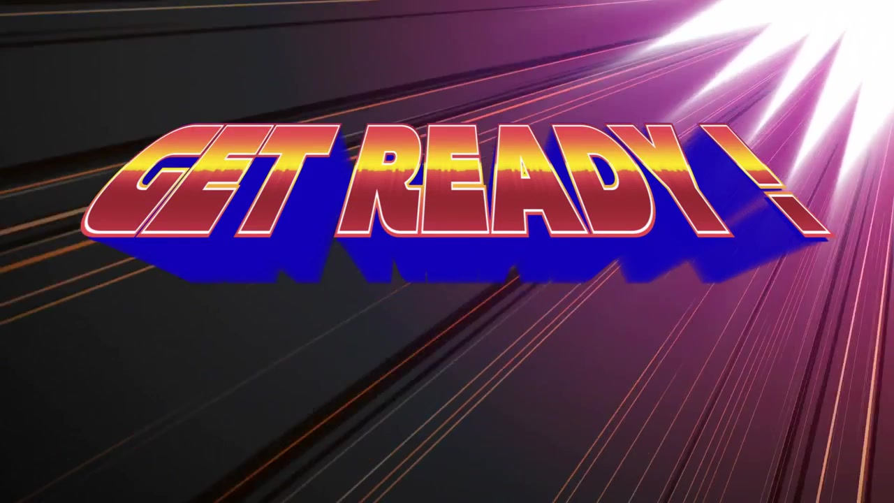 Center 3D title GET READY appearing on play, shifting gold-red with purple-pink flare for broadcast