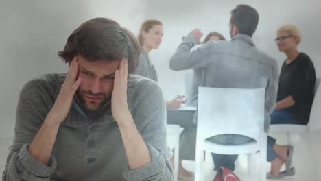 composite video of thunderstorm in dark sky against stressed caucasian man at office