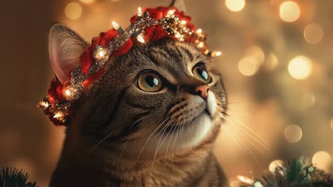 european shorthair cat wearing luminous christmas lights crown, gazing upward with sparkling tree lights blurring softly in festive background