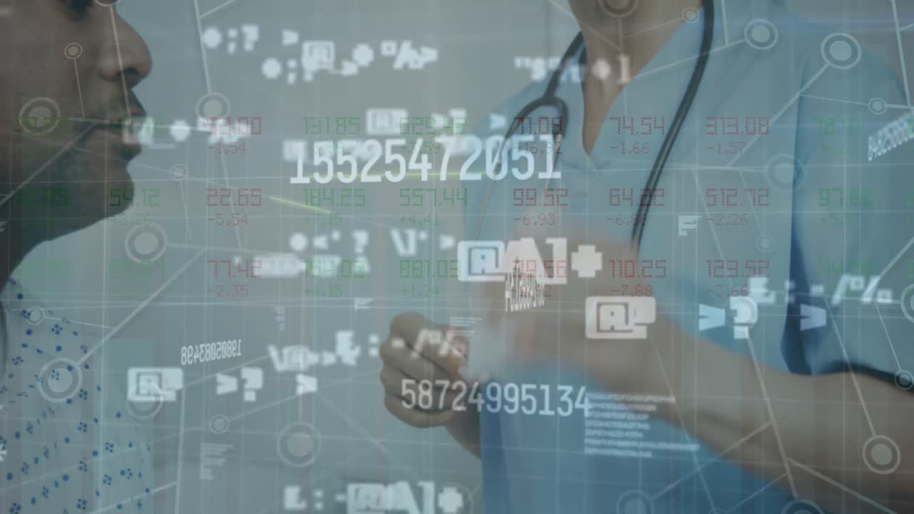 animación de números cambiantes, símbolos, puntos conectados, diversos médicos explicando al paciente