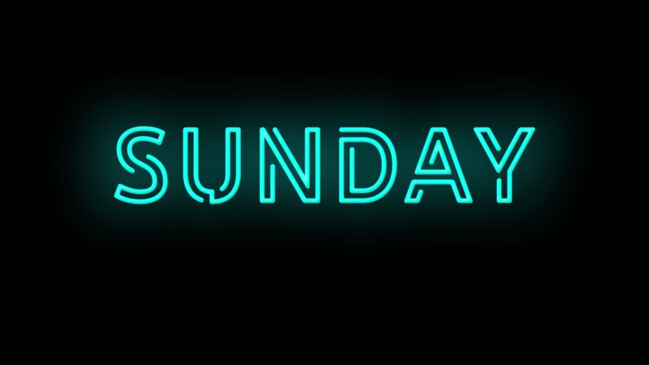 Flashing neon teal green blue Sunday sign on black background on and off with flicker