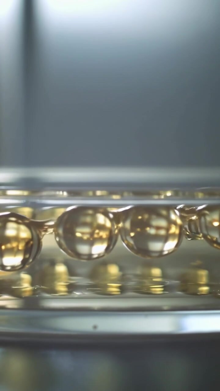 Video verticale: Goccioline dorate che si muovono e si uniscono su una pellicola liquida in una ciotola di vetro a causa di un leggero movimento.