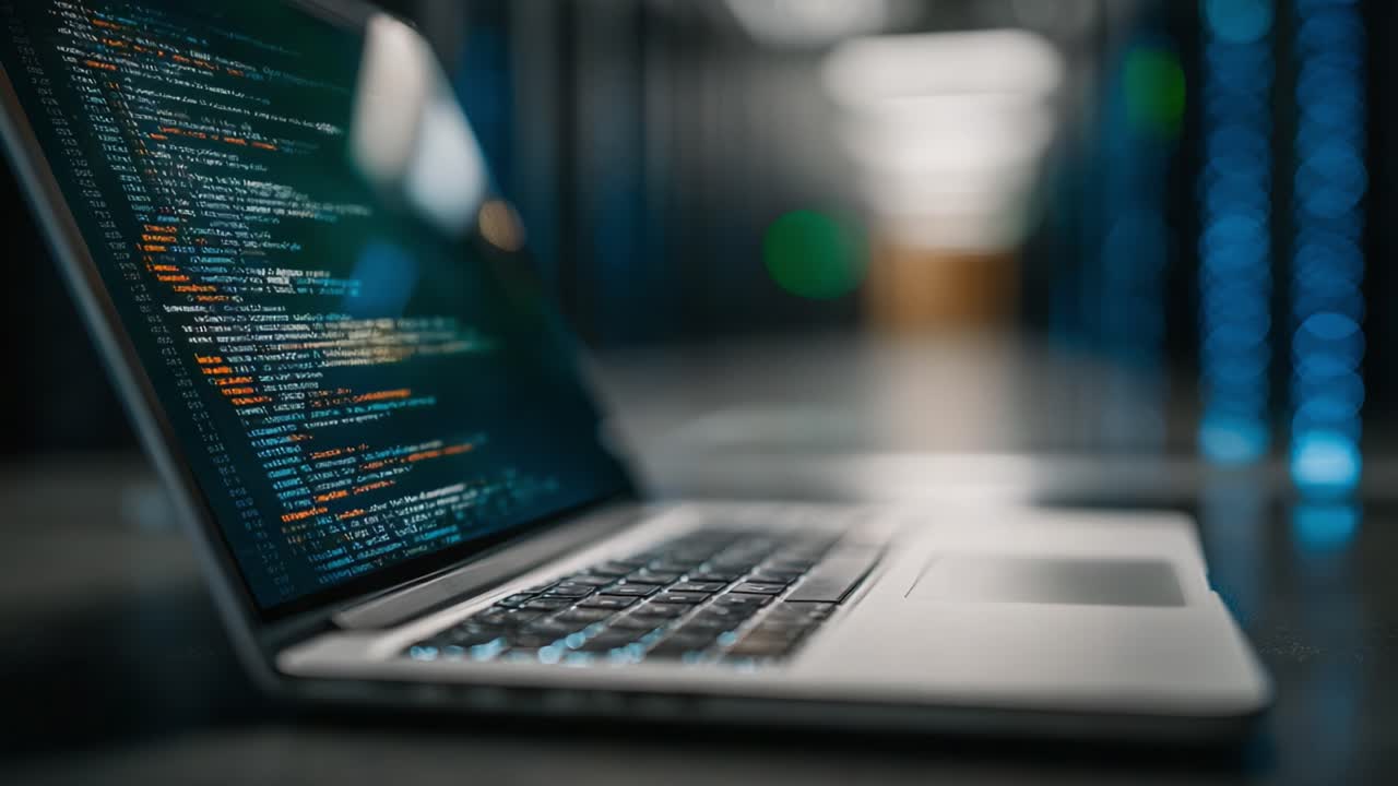 A Close-Up of a Laptop Displaying Colorful Code in a Server Room Environment, Highlighting the Intersection of Technology and Programming