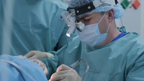 operation of removing tonsils. tonsillectomy under deep anesthesia, using latest devices, cold plasma method, cuts swelling in throat, doctor works with new probe, medical headlamp, surgical loupes