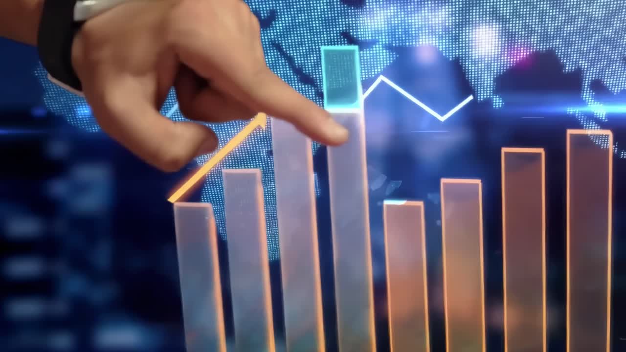 Video futuristico di una mano con un grafico a barre luminoso, angolato di lato