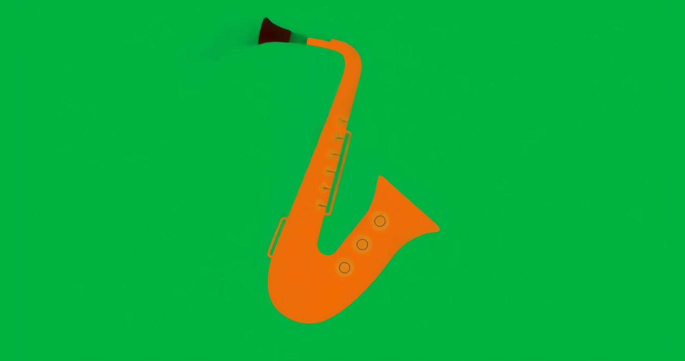 Sassofono musicale arancione che fluttua su una tela trasparente con tre forme di chiavi e un bocchino scuro.