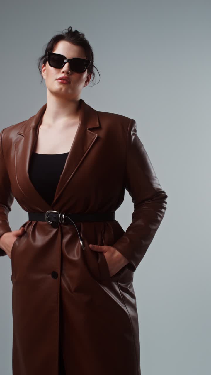 가죽 재과 선글라스를 입은 여자