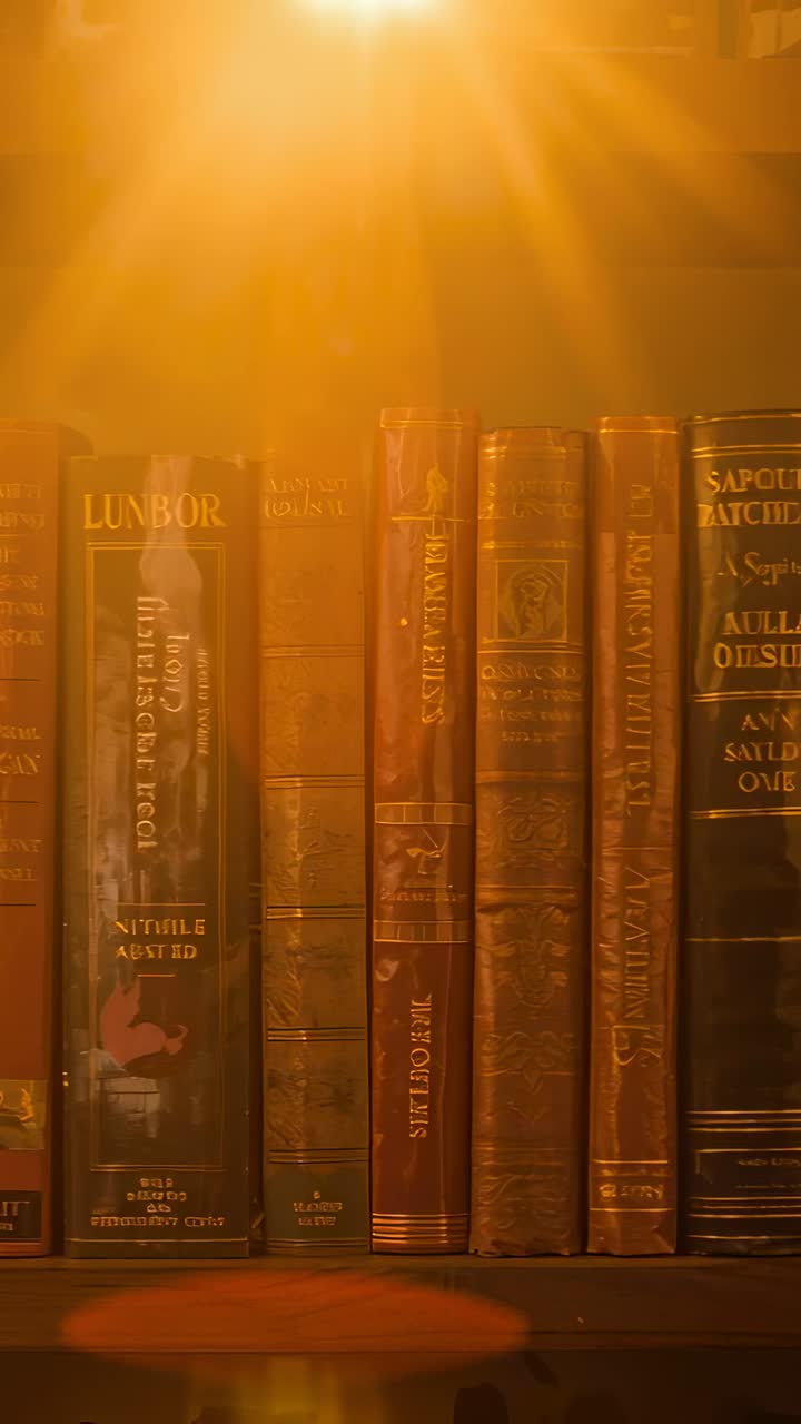 Video verticale: Lampada che proietta raggi dorati su libri in pelle in uno studio, mostrando testo dorato, bagliore.