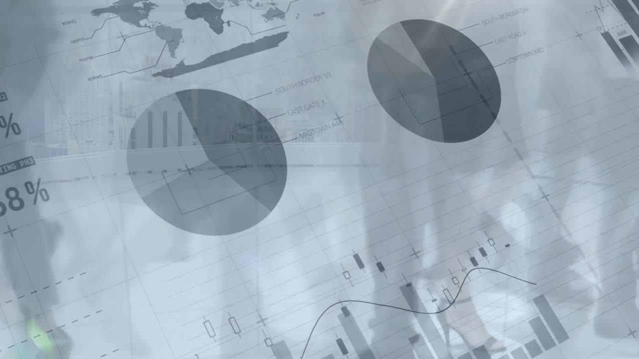 Animation of financial data processing over business people walking in office