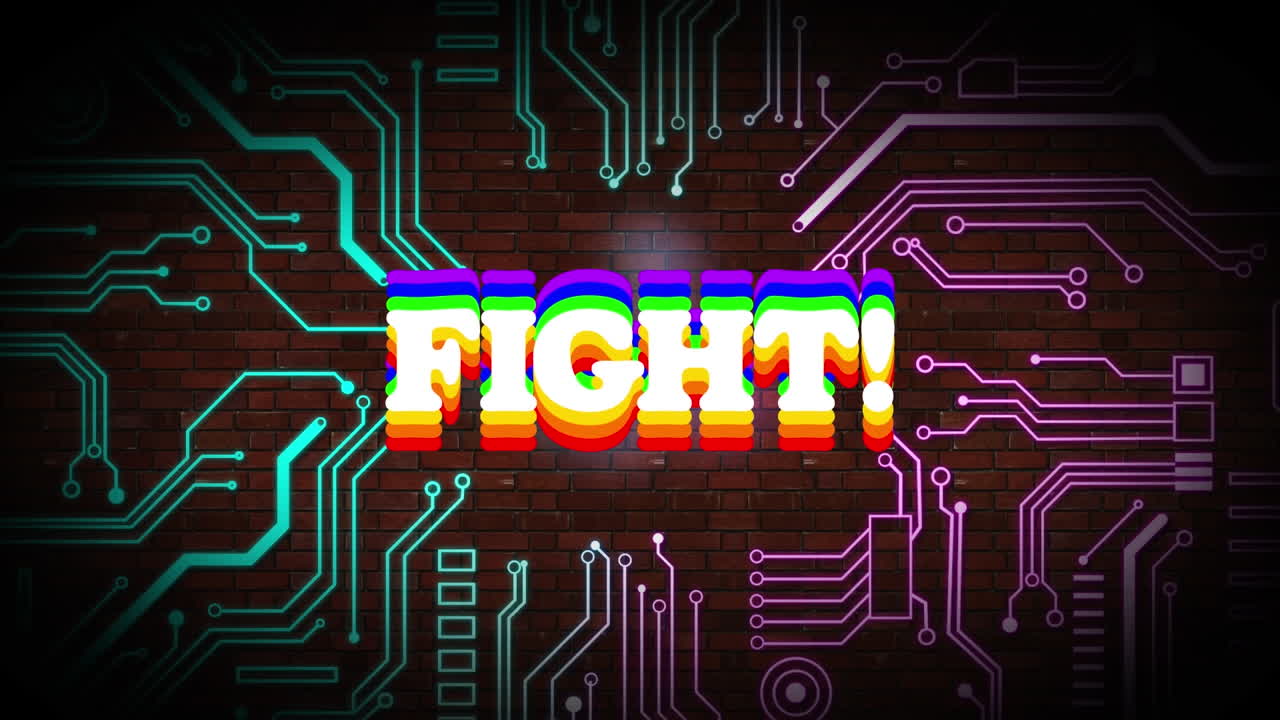 벽돌 배경에 있는 컴퓨터 회로판 위의 싸움 텍스트의 애니메이션