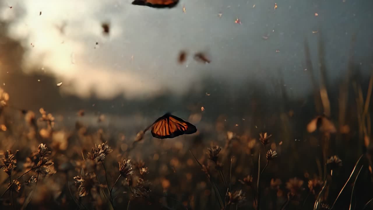 A mesmerizing scene of butterflies fluttering gracefully over a field of blooming flowers during a serene sunset, capturing the beauty of nature's delicate balance