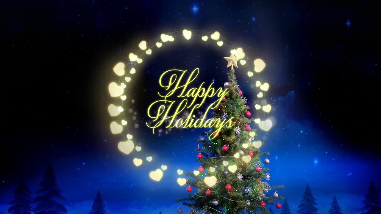 Animation of happy holidays text in fairy lights frame over fir trees and winter scenery