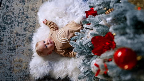 beautiful blond peaceful baby boy lies under christmas tree. kid looks up focused. first holiday of a kid. top view.
