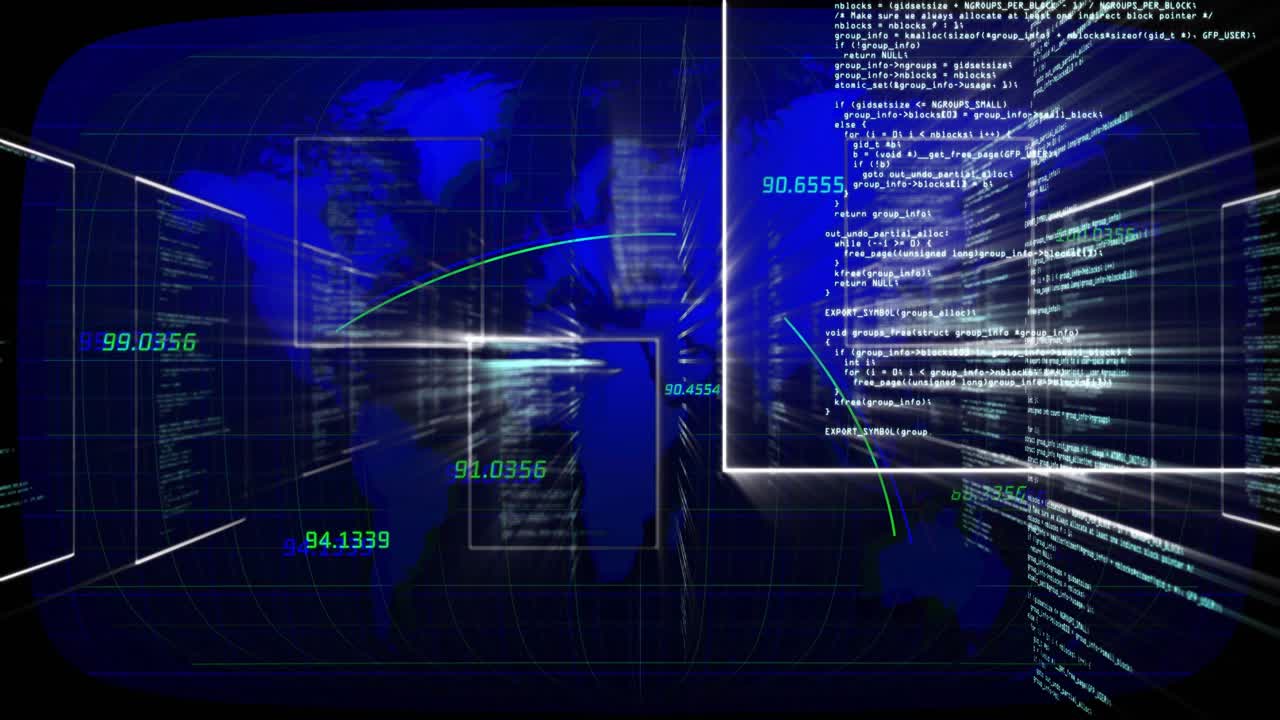 Opening dark blue world map grid, wireframe panels drifting, code bursting, visualizing data