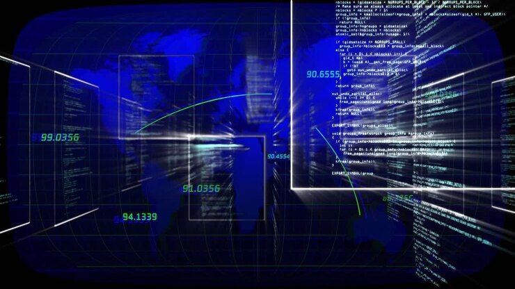 Opening dark blue world map grid, wireframe panels drifting, code bursting, visualizing data