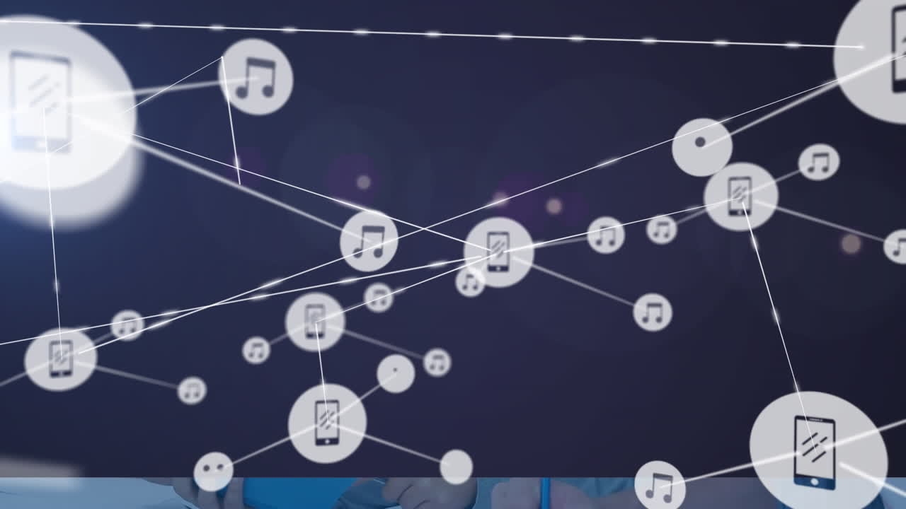 보라색 배경에 아이콘으로 연결 네트워크의 애니메이션