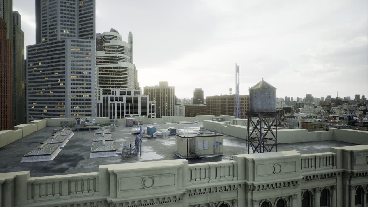 Urban skyline view from a rooftop overlooking a bustling city at dawn