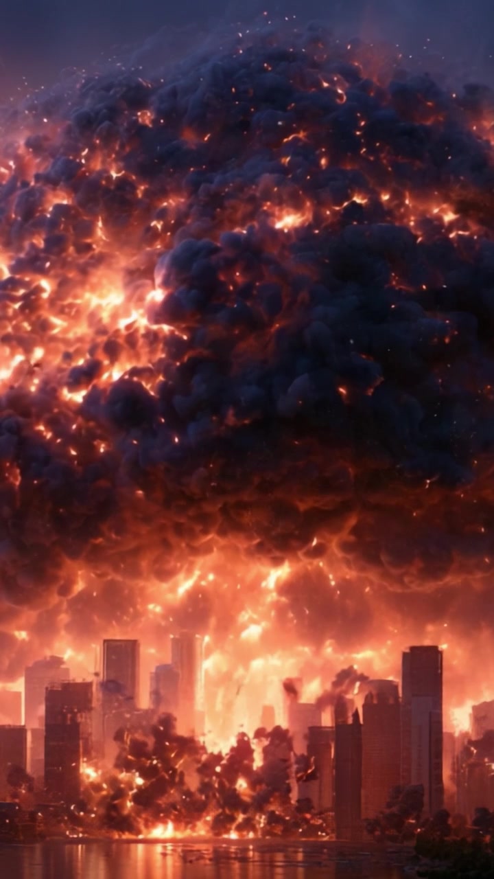 Un'esplosione cataclisma inghiotte lo skyline di una città in una feroce esibizione di fuoco e fumo, trasmettendo distruzione e caos in un'atmosfera drammatica e cinematografica.