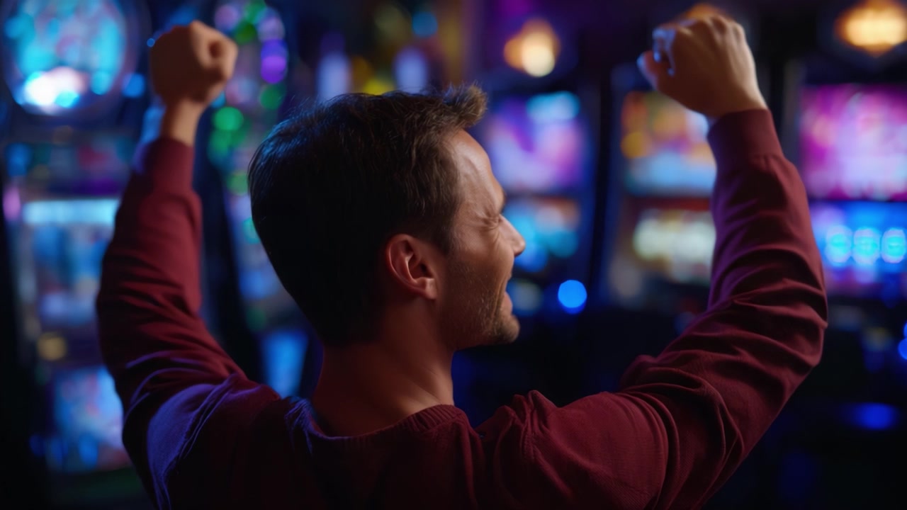 Celebrare una grande vincita in un casinò: un giocatore gioioso alza le mani in segno di vittoria, circondato da slot machine colorate e luci vivaci.