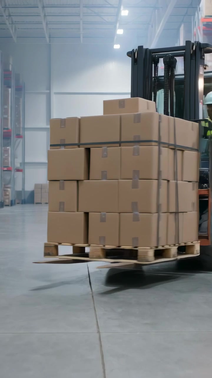 Video vertical: Carretilla elevadora entrando por la derecha, moviendo un palé a almacenamiento en un almacén, con operario usando sombrero y chaleco.