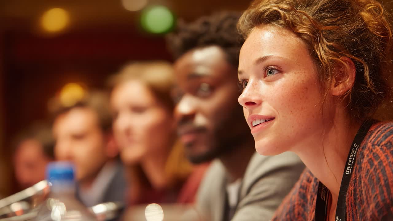 Discussione mirata tra diversi partecipanti a una conferenza, che evidenzia l'impegno e la collaborazione in un contesto professionale.