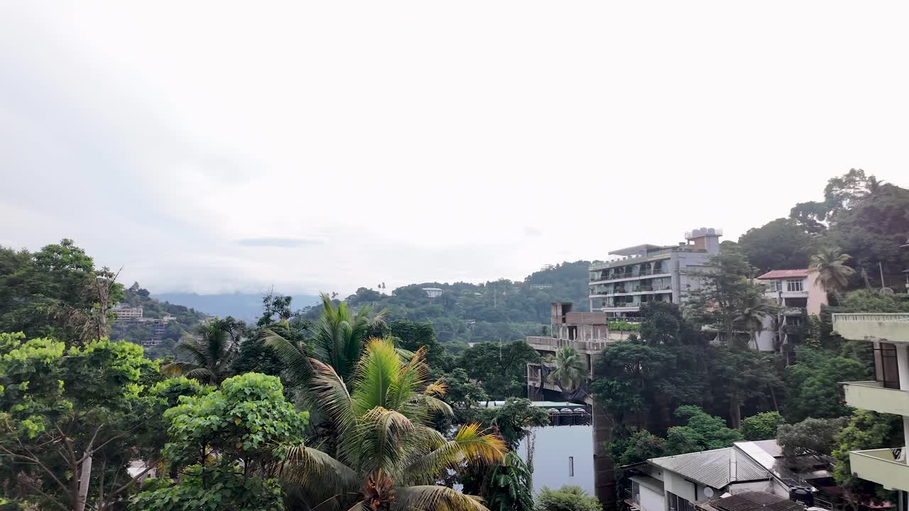 Lush green vegetation is prominent in the foreground with the city of kandy in the background under an overcast sky