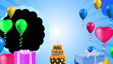 birthday celebration with balloons, cake, and gifts