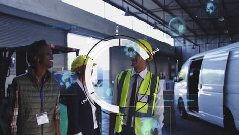 engineers in safety gear discussing with digital data processing animation overlay