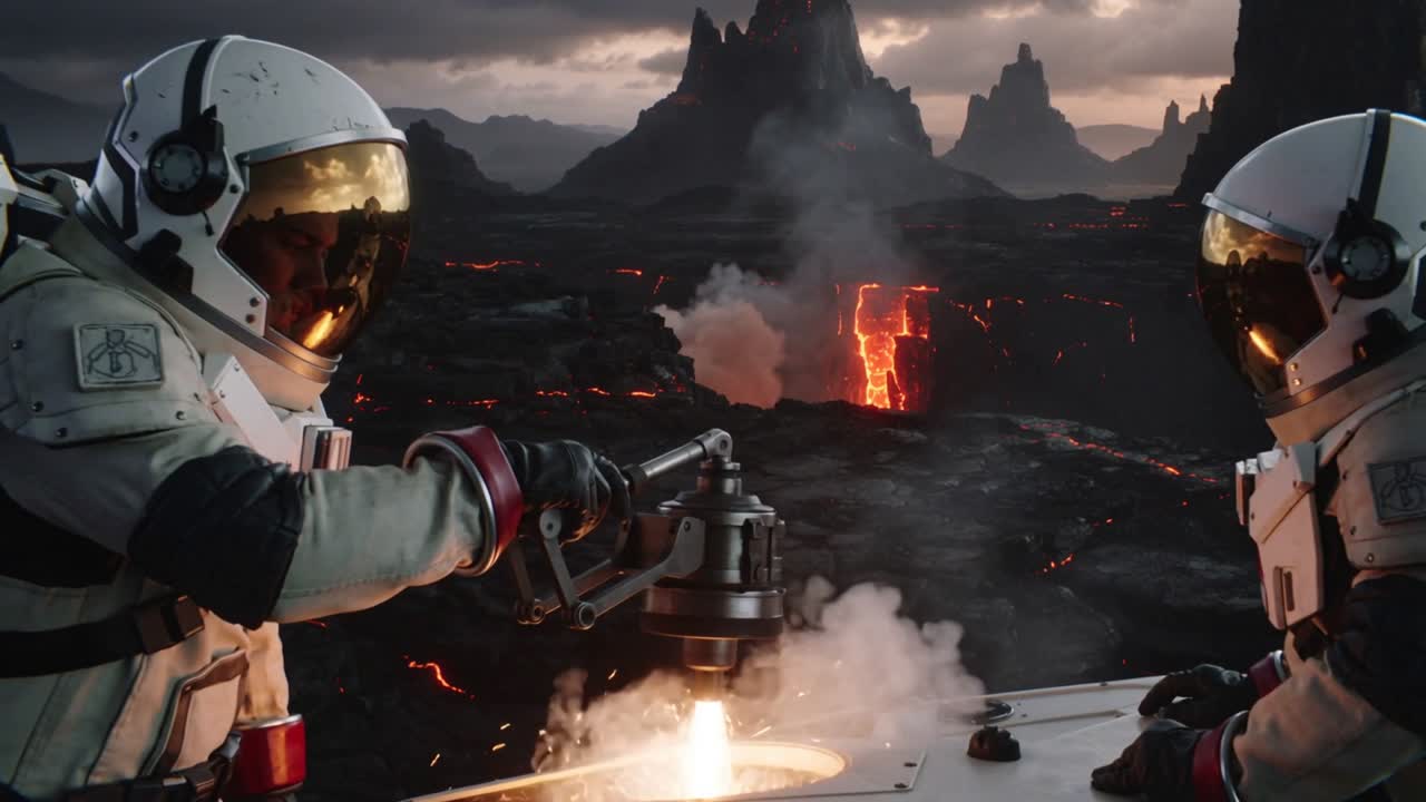 Un astronauta in tuta bianca si protende a sinistra tagliando una console in un campo di lava, mentre il compagno stabilizza scintille, fumo e lava.