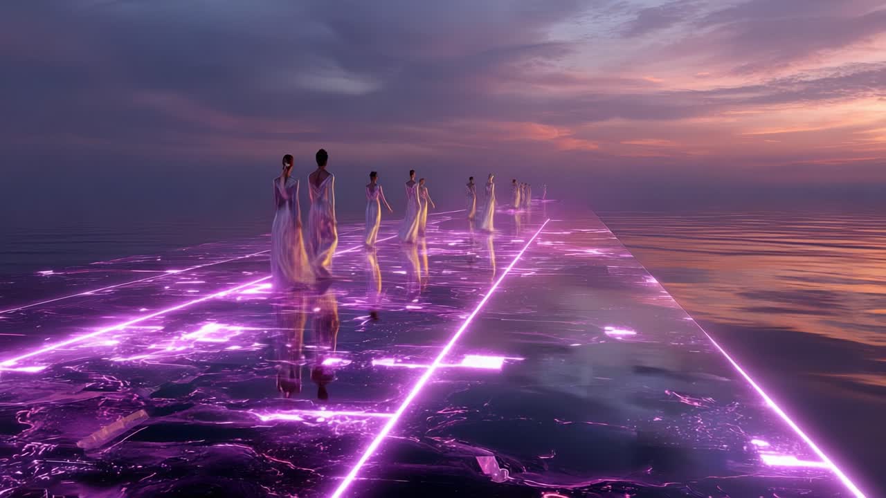 Futuristic fashion on a glowing bridge at sunset