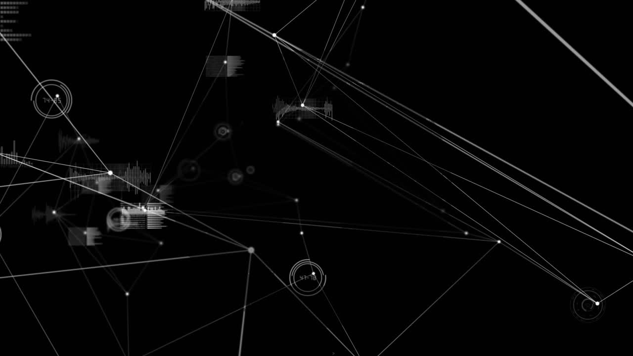 Digital animation of network of connections and data processing against black background