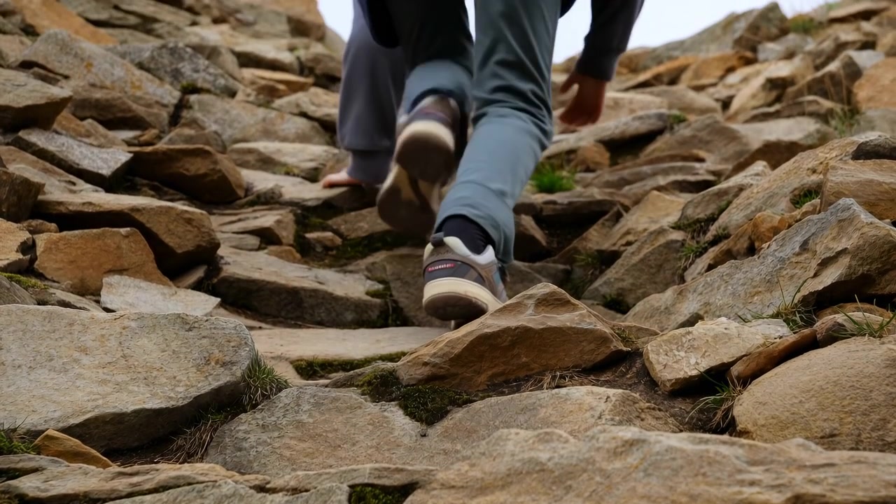 Vista traseira em ângulo baixo de uma pessoa de calças e tênis subindo por um caminho de pedra irregular em um ambiente natural ao ar livre, com luz natural suave e terreno acidentado.