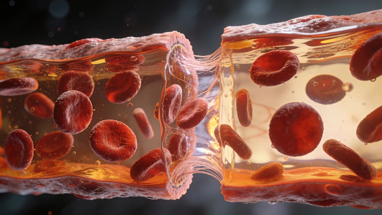 Plasma pulsante che spinge i globuli rossi all'interno di lumi allineati, spremendosi attraverso un ponte di filamenti stretti.