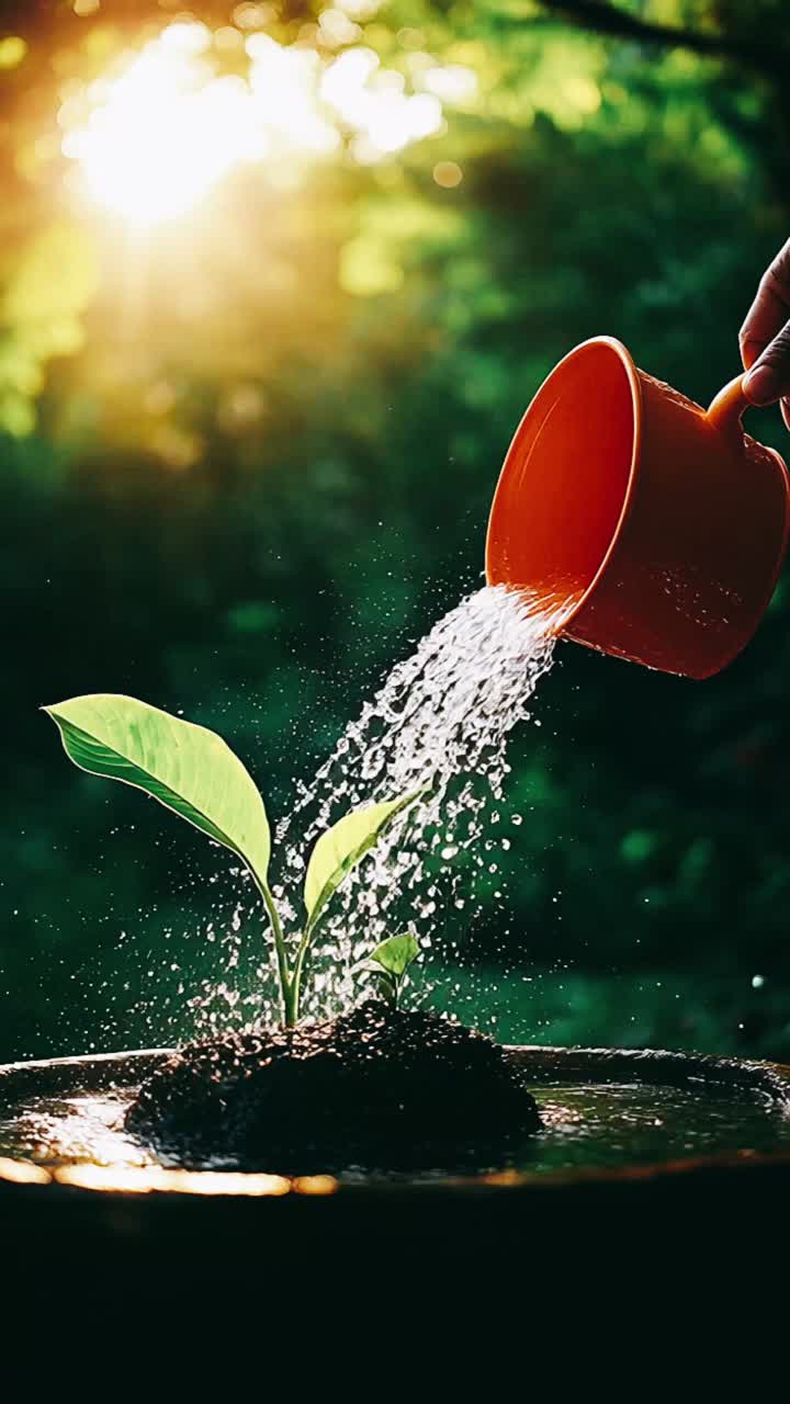 Watering a young plant in a garden